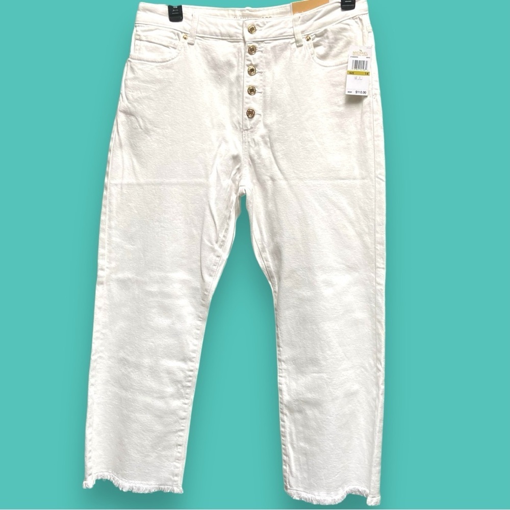 Michael Michael Kors White Selma‎ Crop Flare High-Rise Flare Raw Hem Jean